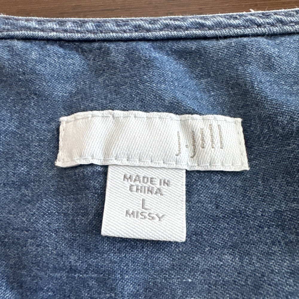 J. Jill Embroidered Denim Chambray Shift Dress Blue Boho Pockets Women's Size L - Picture 3 of 12
